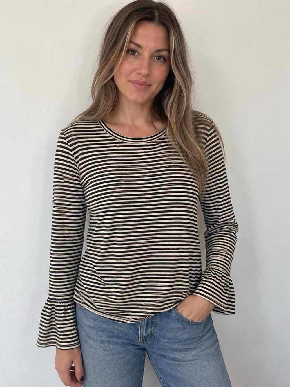 Frame Denim Black and Cream Striped Long Sleeve Top